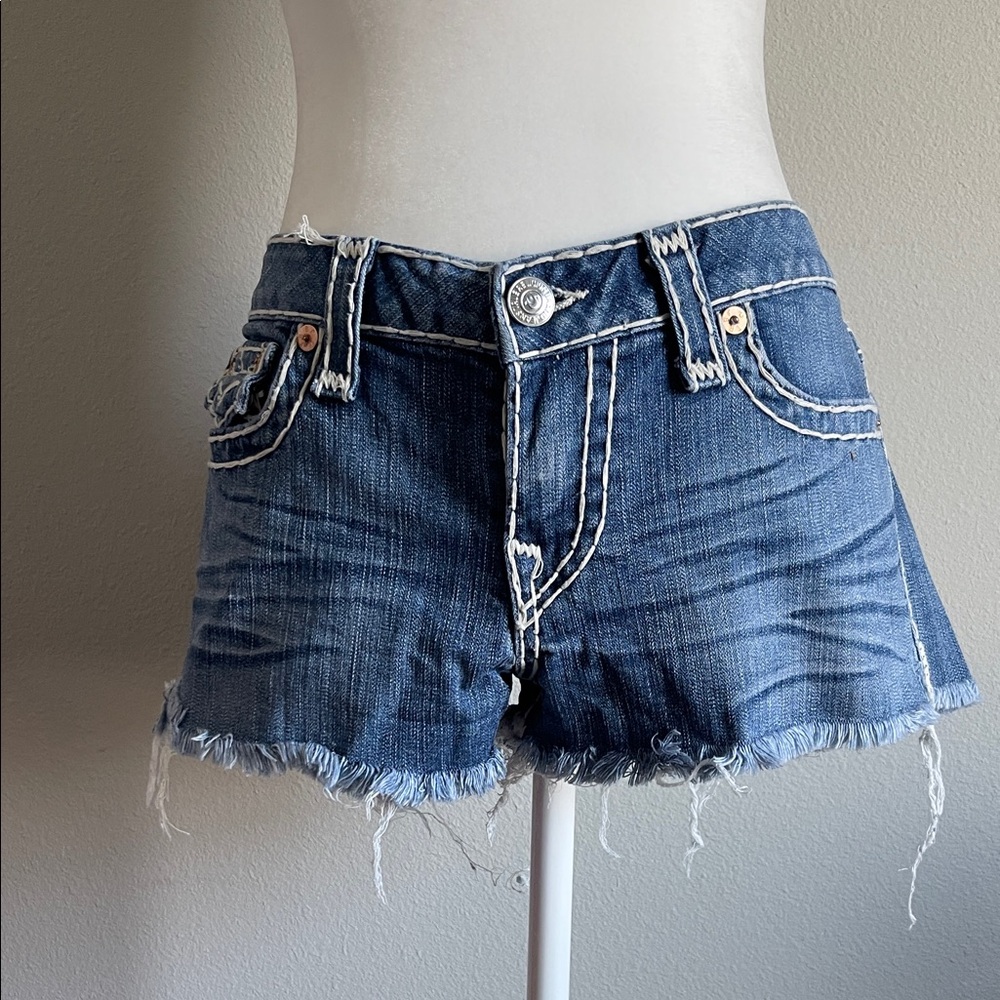 True Religion Blue Frayed Denim Shorts